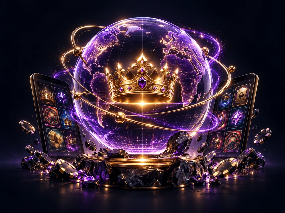 A violet globe encircled by golden orbits and connected gaming screens